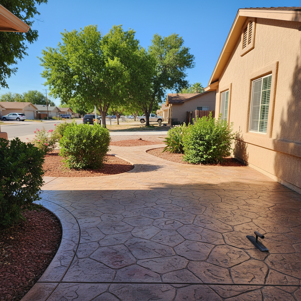 Stamped concrete patio with custom ashlar pattern and border in Bullhead City, AZ